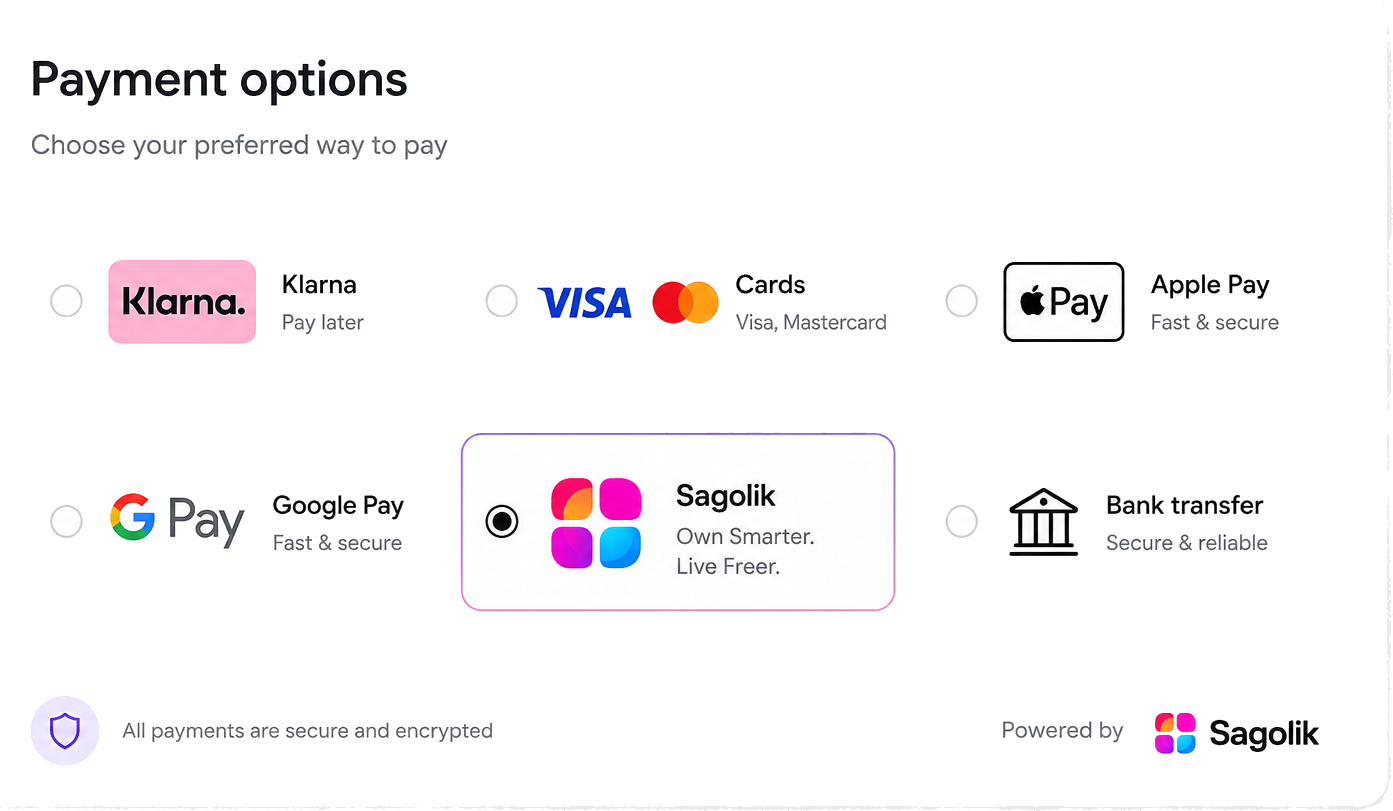 Sagolik payment options with Klarna, cards, Apple Pay, Google Pay, Sagolik and bank transfer