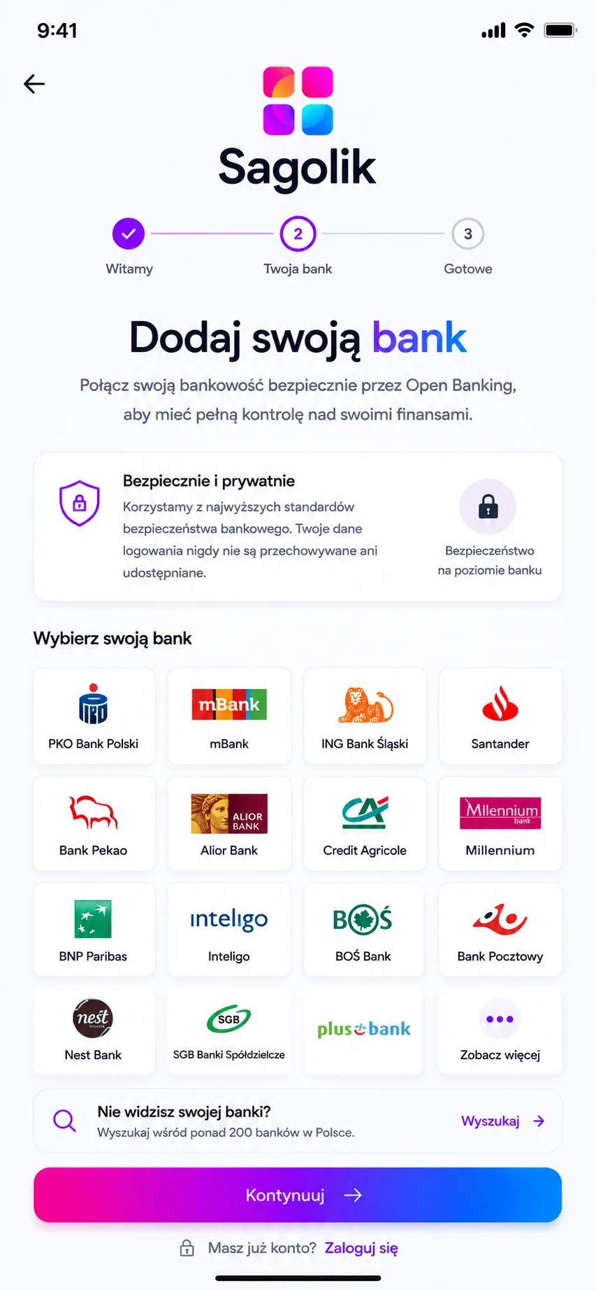 Sagolik mobile onboarding in Polish, connecting a bank via Open Banking