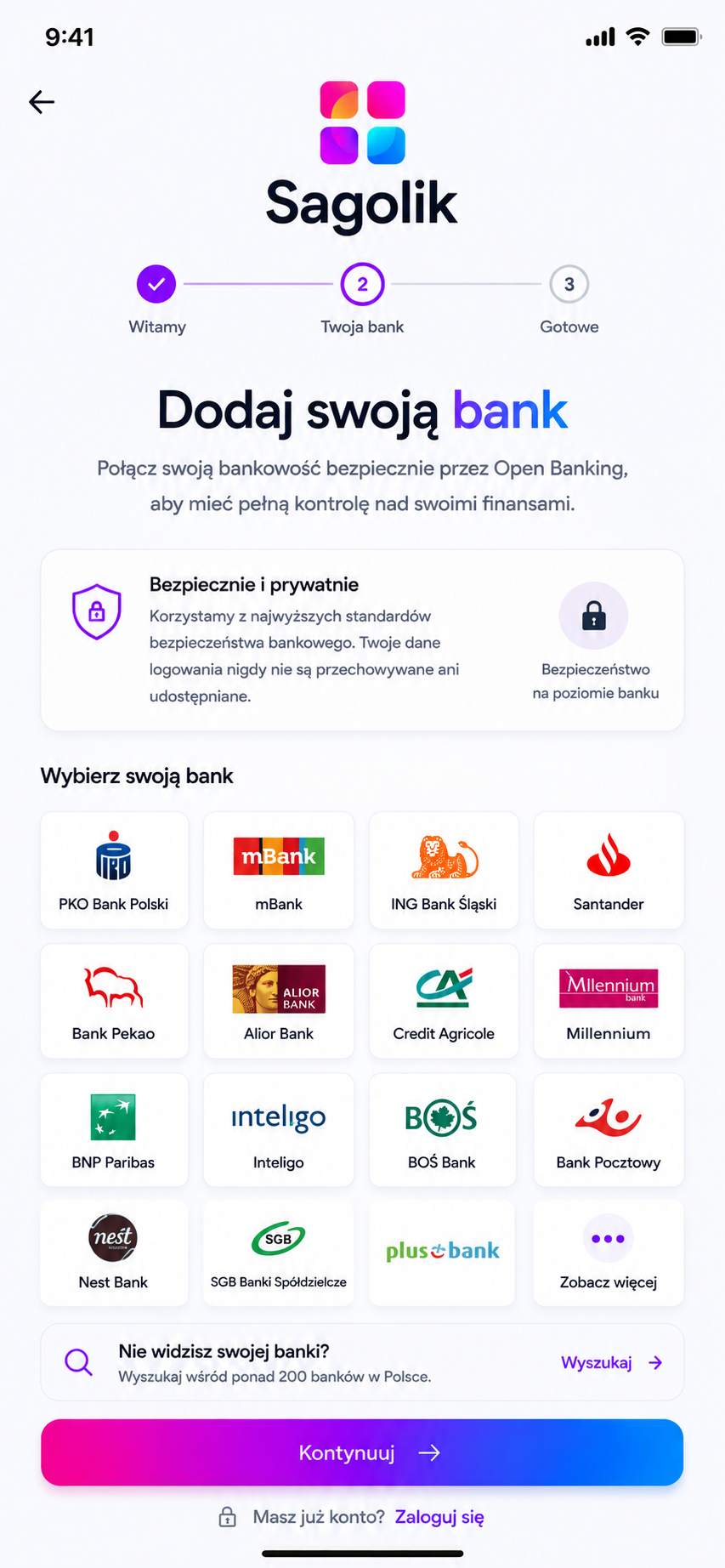 Sagolik mobile onboarding in Polish, connecting a bank via Open Banking