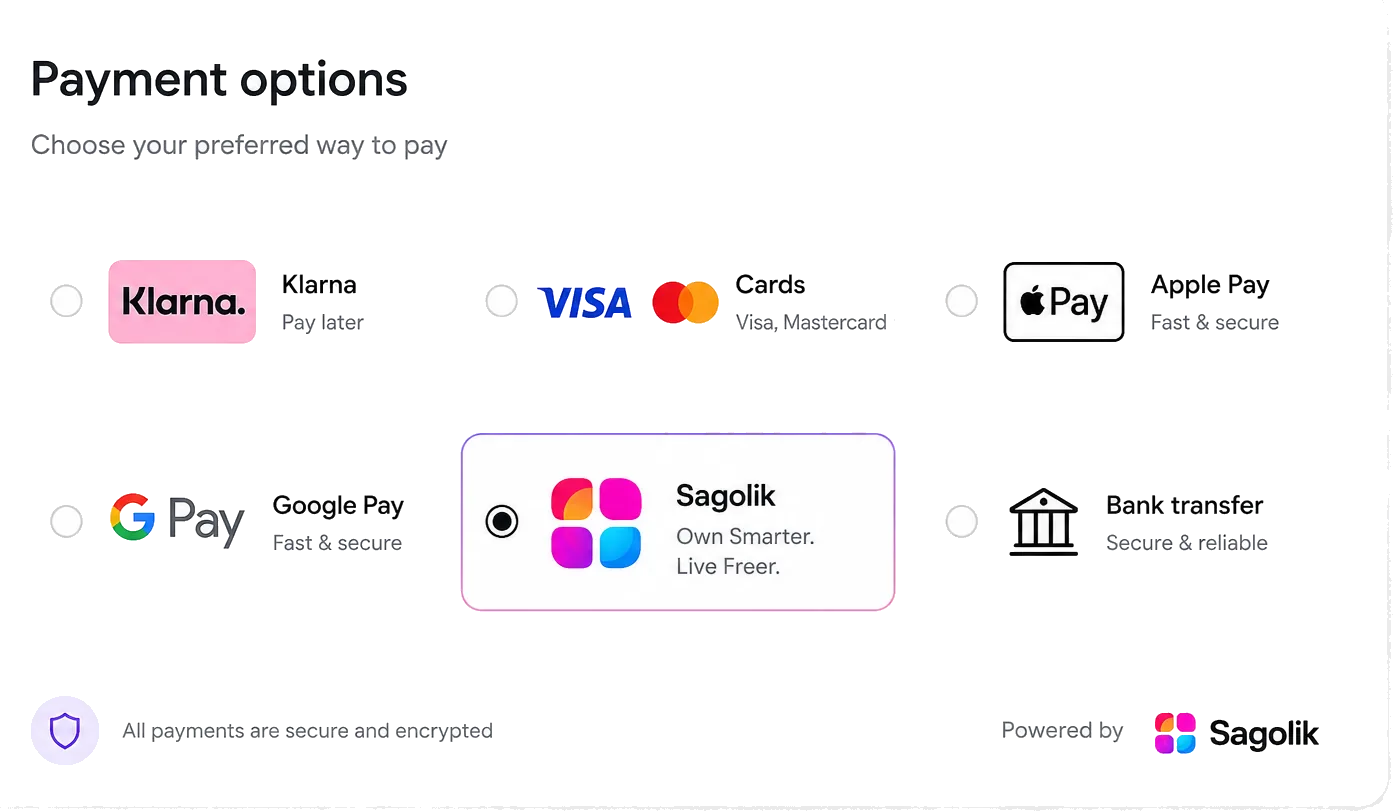 Sagolik payment options with Klarna, cards, Apple Pay, Google Pay, Sagolik and bank transfer