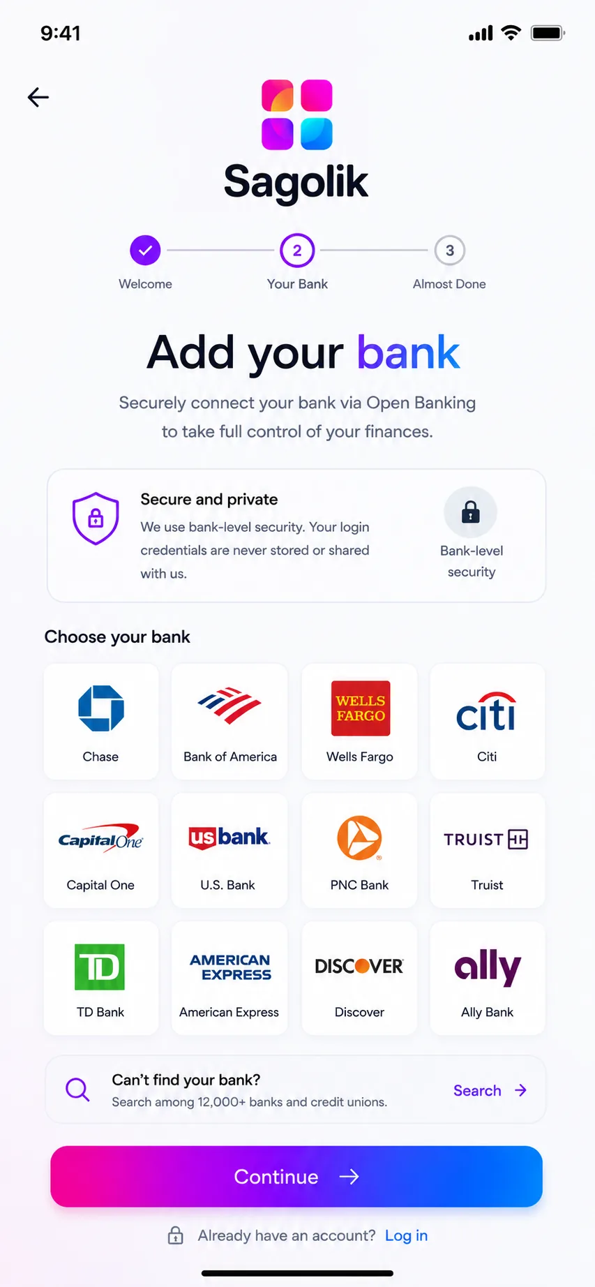 Sagolik mobile onboarding, connecting a US bank via Open Banking